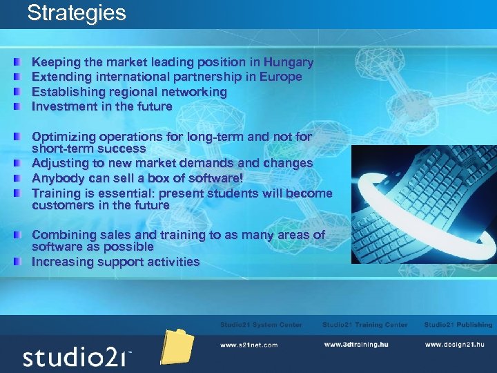 Strategies Keeping the market leading position in Hungary Extending international partnership in Europe Establishing