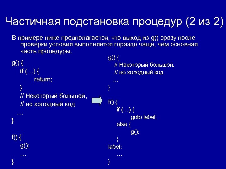 Частичная подстановка процедур (2 из 2) В примере ниже предполагается, что выход из g()
