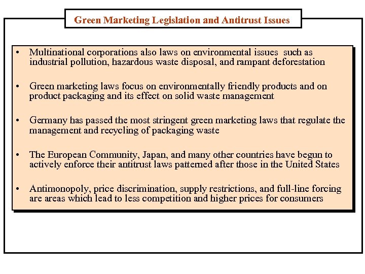 Green Marketing Legislation and Antitrust Issues • Multinational corporations also laws on environmental issues