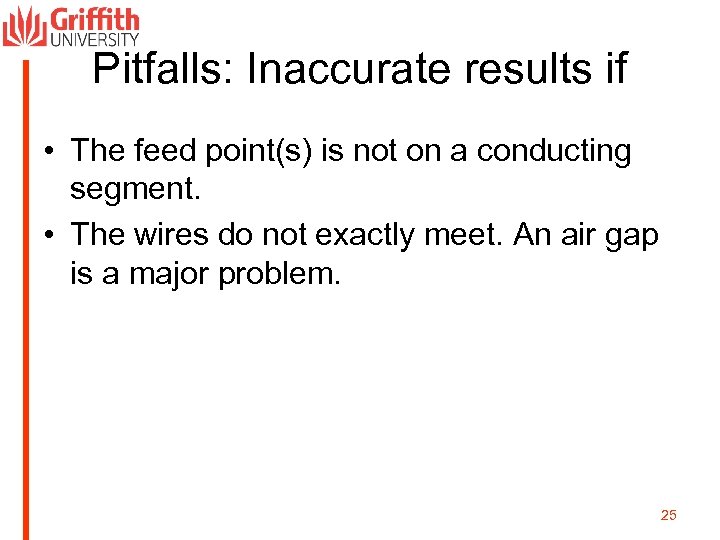 Pitfalls: Inaccurate results if • The feed point(s) is not on a conducting segment.