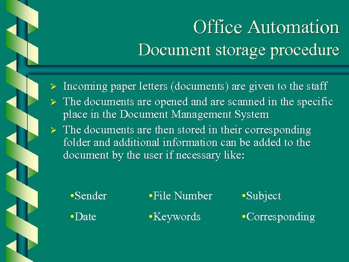 Office Automation Document storage procedure Ø Ø Ø Incoming paper letters (documents) are given