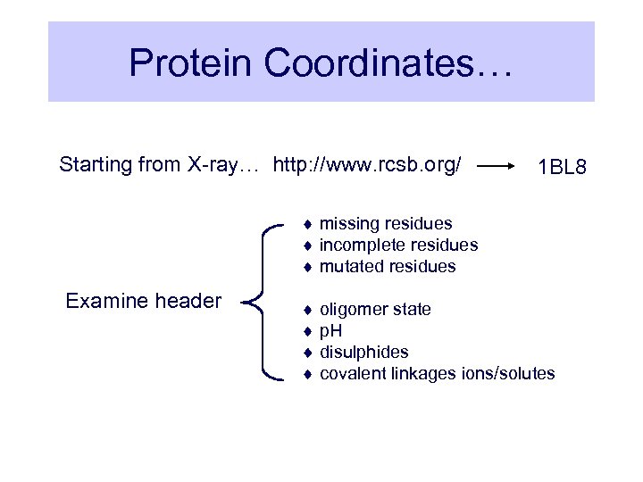 Protein Coordinates… Starting from X-ray… http: //www. rcsb. org/ 1 BL 8 missing residues