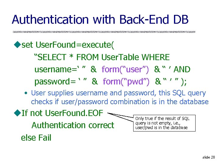 Authentication with Back-End DB uset User. Found=execute( “SELECT * FROM User. Table WHERE username=‘