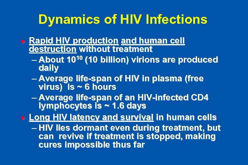 Dynamics of HIV Infections l l Rapid HIV production and human cell destruction without
