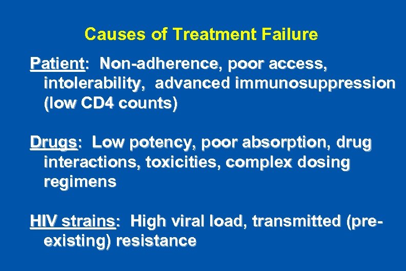 Causes of Treatment Failure Patient: Non-adherence, poor access, intolerability, advanced immunosuppression (low CD 4