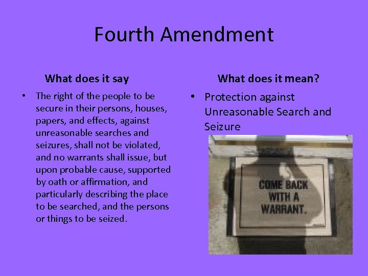 Fourth Amendment What does it say • The right of the people to be