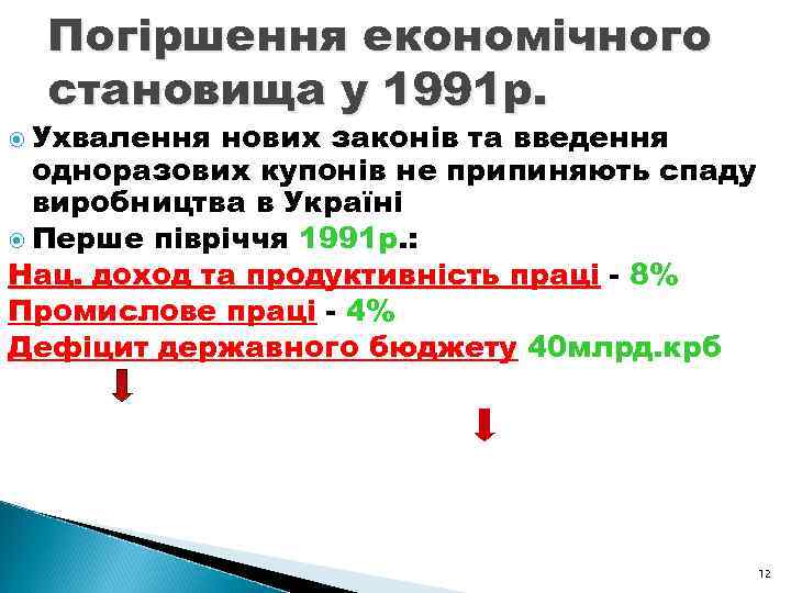 Погіршення економічного становища у 1991 р. Ухвалення нових законів та введення одноразових купонів не