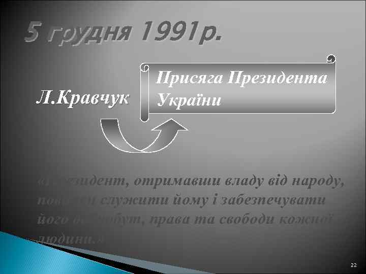 5 грудня 1991 р. Л. Кравчук Присяга Президента України «Президент, отримавши владу від народу,