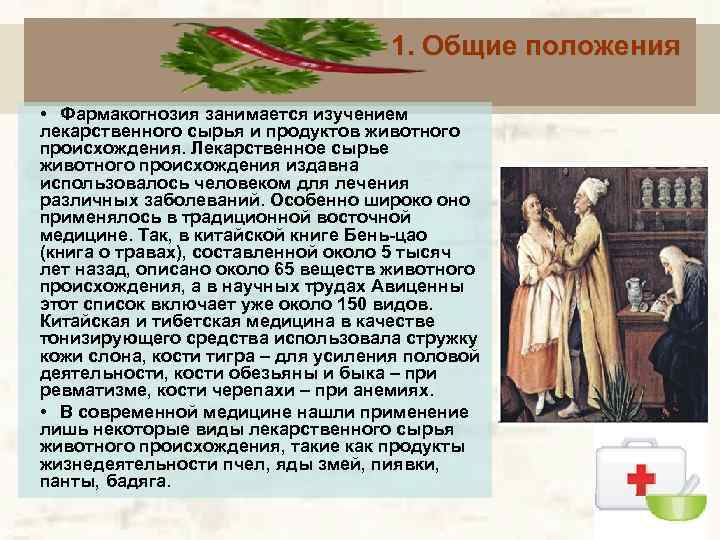 1. Общие положения • Фармакогнозия занимается изучением лекарственного сырья и продуктов животного происхождения. Лекарственное