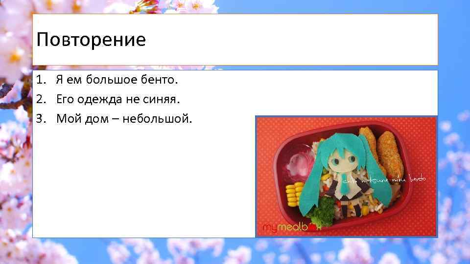 Повторение 1. Я ем большое бенто. 2. Его одежда не синяя. 3. Мой дом