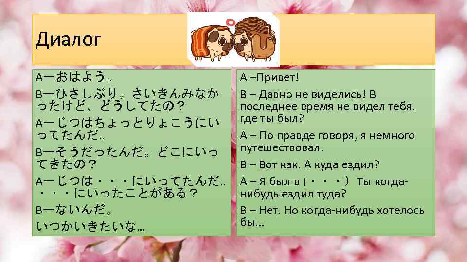 Диалог Aーおはよう。 Bーひさしぶり。さいきんみなか ったけど、どうしてたの？ Aーじつはちょっとりょこうにい ってたんだ。 Bーそうだったんだ。どこにいっ てきたの？ Aーじつは・・・にいってたんだ。 ・・・にいったことがある？ Bーないんだ。 いつかいきたいな… А –Привет!