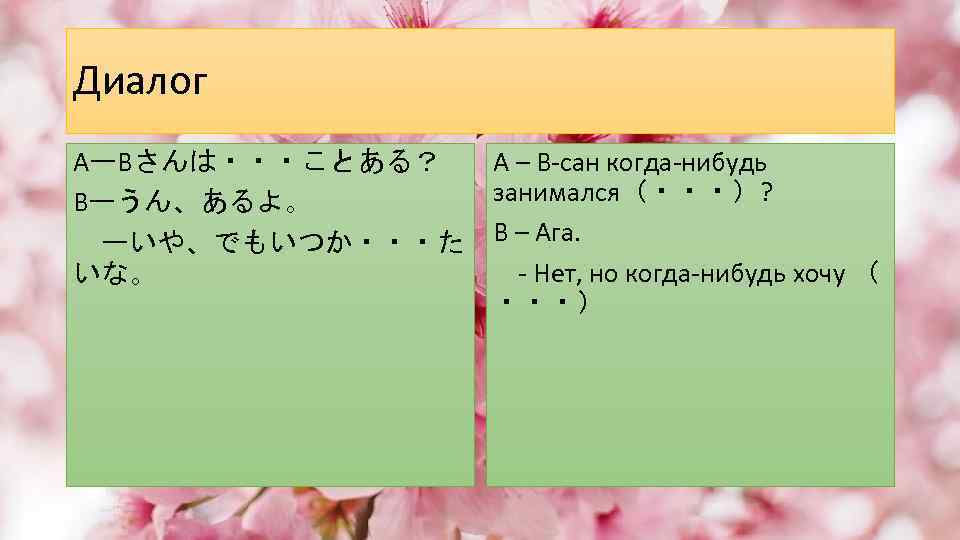 Диалог AーBさんは・・・ことある？ Bーうん、あるよ。 　ーいや、でもいつか・・・た いな。 A – В-сан когда-нибудь занимался（・・・）? В – Ага. -