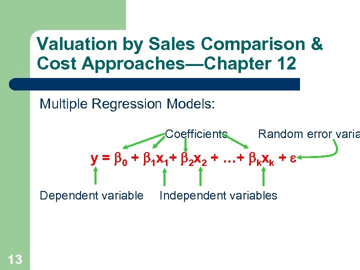 Valuation by Sales Comparison & Cost Approaches—Chapter 12 Multiple Regression Models: Coefficients Random error