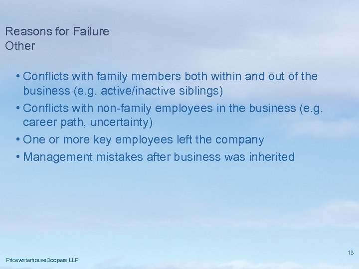 Reasons for Failure Other • Conflicts with family members both within and out of