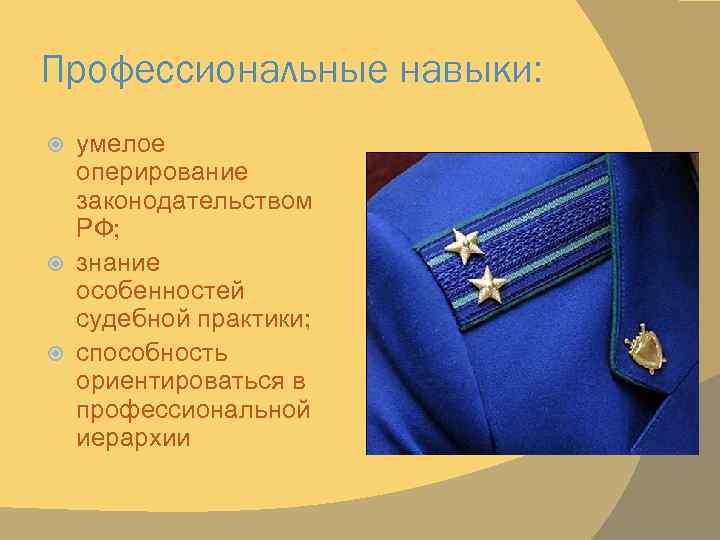 Профессиональные навыки: умелое оперирование законодательством РФ; знание особенностей судебной практики; способность ориентироваться в профессиональной