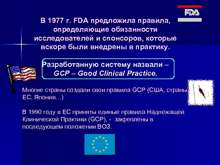 В 1977 г. FDA предложила правила, определяющие обязанности исследователей и спонсоров, которые вскоре были