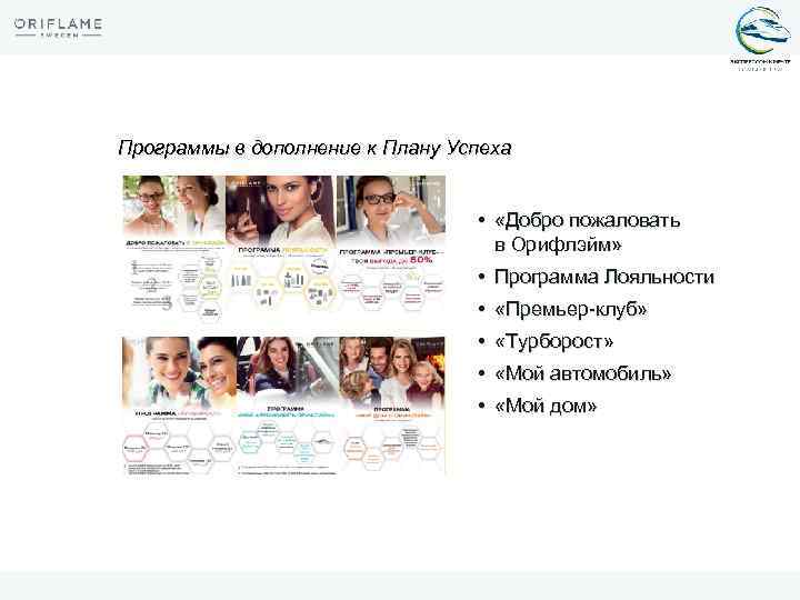 Программы в дополнение к Плану Успеха • «Добро пожаловать в Орифлэйм» • Программа Лояльности