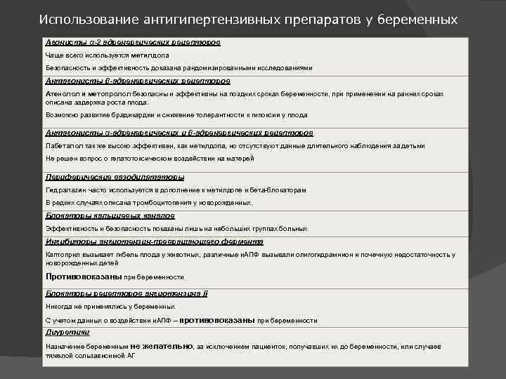 Использование антигипертензивных препаратов у беременных Агонисты α-2 адренергических рецепторов Чаще всего используется метилдопа Безопасность