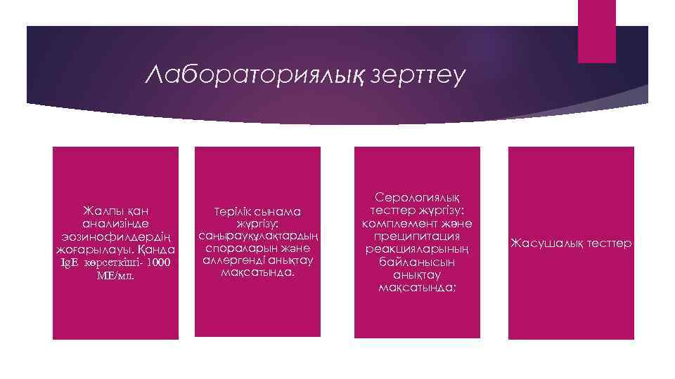 Лабораториялық зерттеу Жалпы қан анализінде эозинофилдердің жоғарылауы. Қанда Ig. E көрсеткіші- 1000 МЕ/мл. Терілік