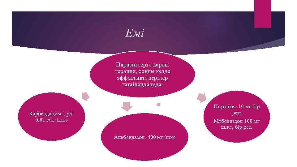 Емі Паразиттерге қарсы терапия, соңғы кезде эффективті дәрілер тағайындалуда: Пирантел 10 мг бір рет;