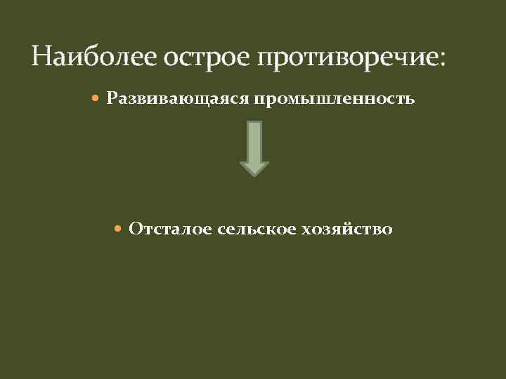 Наиболее острое противоречие: Развивающаяся промышленность Отсталое сельское хозяйство 