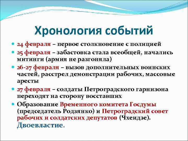 Хронология событий 24 февраля – первое столкновение с полицией 25 февраля – забастовка стала