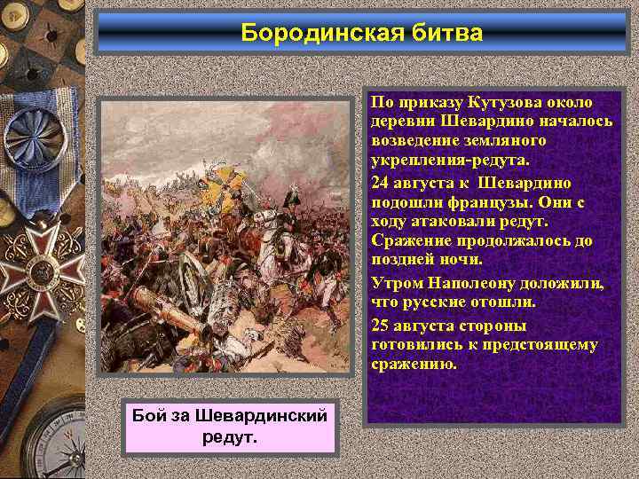 Бородинская битва По приказу Кутузова около деревни Шевардино началось возведение земляного укрепления-редута. 24 августа