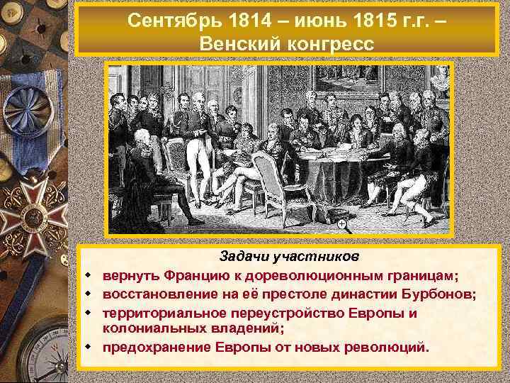 Сентябрь 1814 – июнь 1815 г. г. – Венский конгресс w w Задачи участников