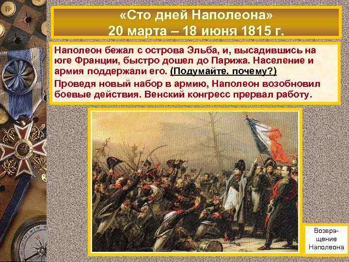  «Сто дней Наполеона» 20 марта – 18 июня 1815 г. Наполеон бежал с