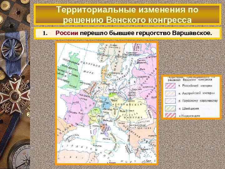Территориальные изменения по решению Венского конгресса 1. России перешло бывшее герцогство Варшавское. 