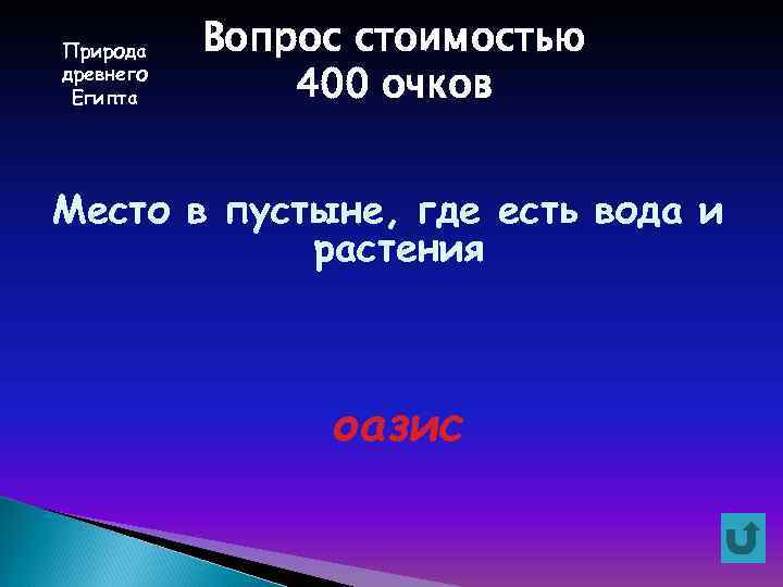 Природа древнего Египта Вопрос стоимостью 400 очков Место в пустыне, где есть вода и