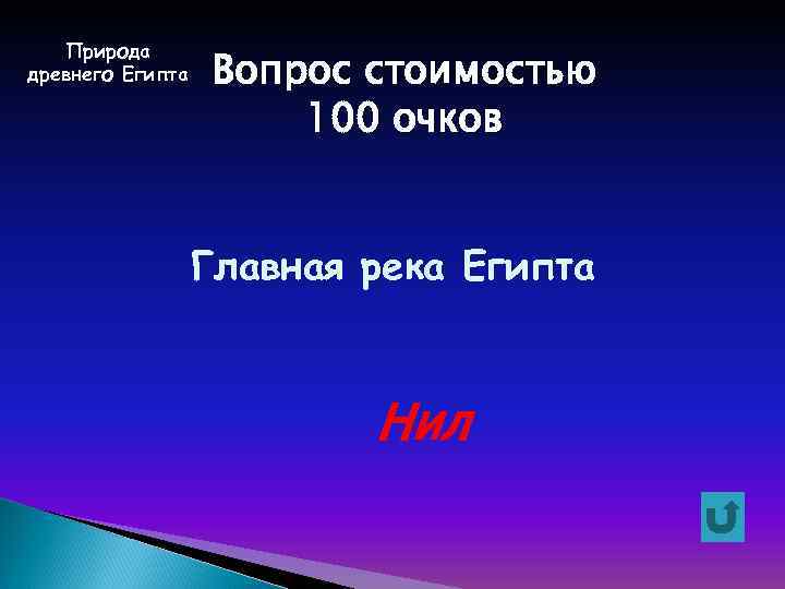 Природа древнего Египта Вопрос стоимостью 100 очков Главная река Египта Нил 