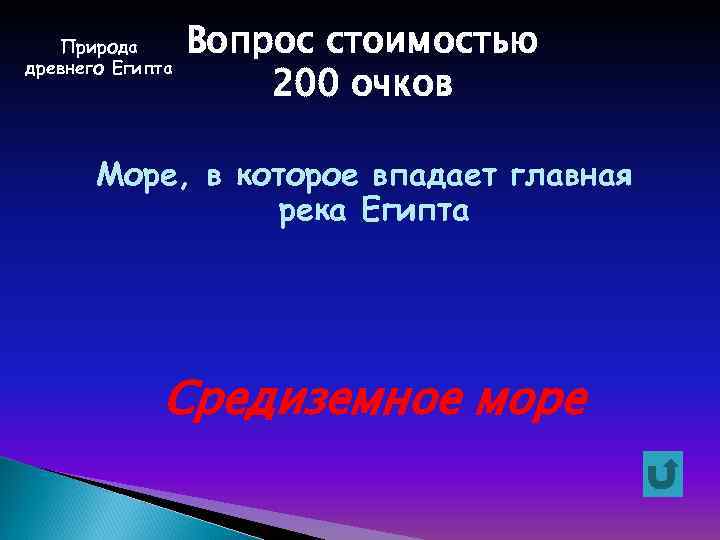 Природа древнего Египта Вопрос стоимостью 200 очков Море, в которое впадает главная река Египта