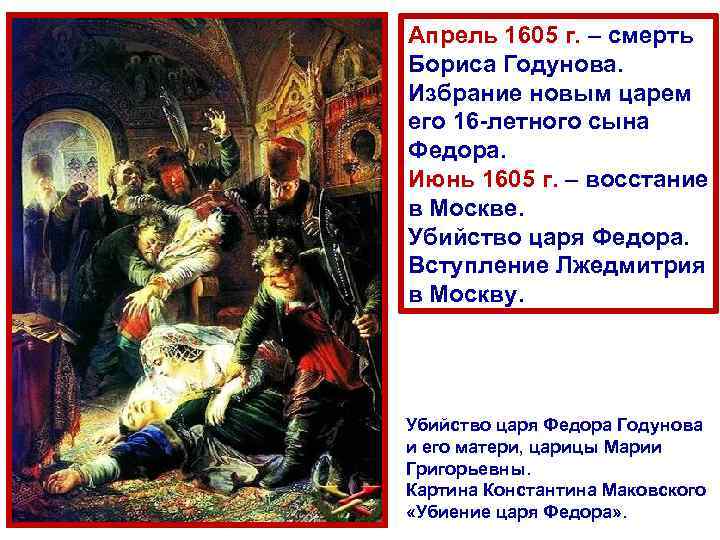 Апрель 1605 г. – смерть Бориса Годунова. Избрание новым царем его 16 -летного сына