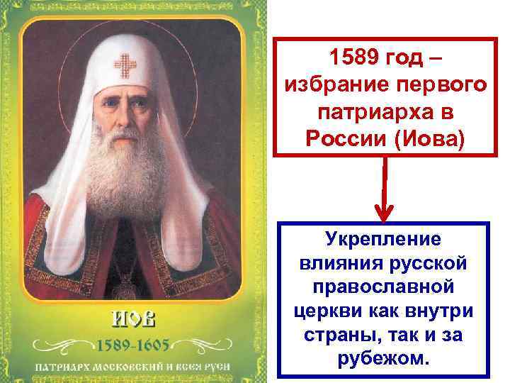 1589 год – избрание первого патриарха в России (Иова) Укрепление влияния русской православной церкви