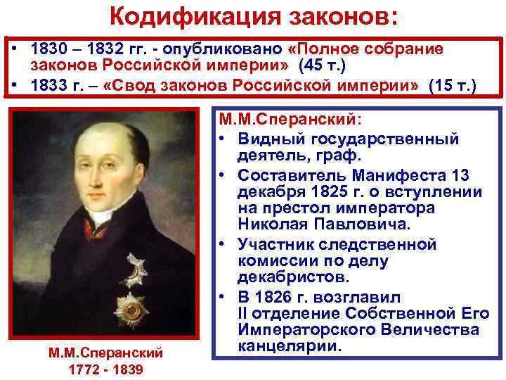 Кодификация законов: • 1830 – 1832 гг. - опубликовано «Полное собрание законов Российской империи»