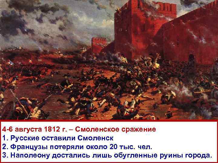 4 -6 августа 1812 г. – Смоленское сражение 1. Русские оставили Смоленск 2. Французы