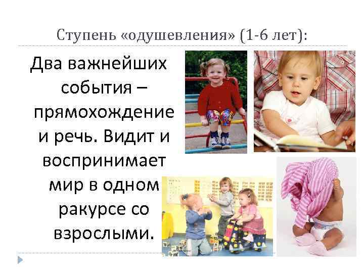 Ступень «одушевления» (1 -6 лет): Два важнейших события – прямохождение и речь. Видит и