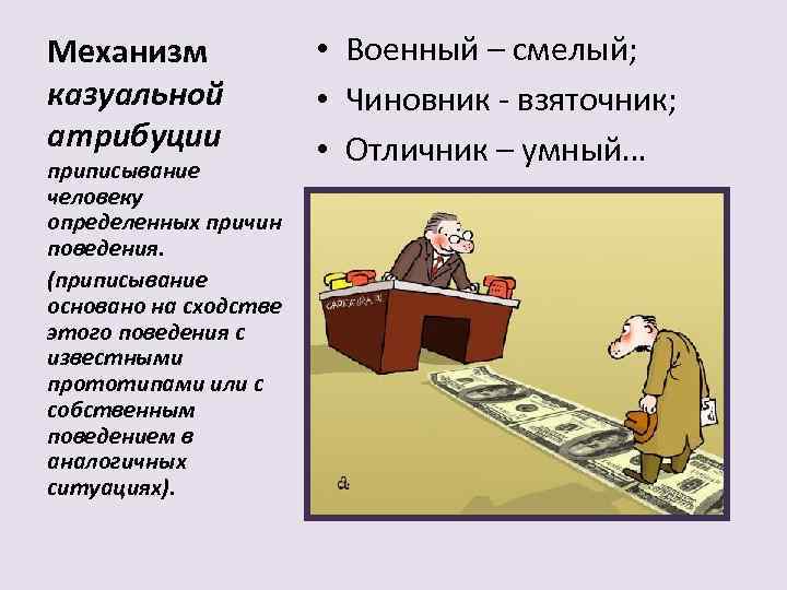 Механизм казуальной атрибуции приписывание человеку определенных причин поведения. (приписывание основано на сходстве этого поведения