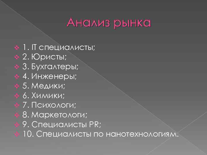 Анализ рынка v v v v v 1. IT специалисты; 2. Юристы; 3. Бухгалтеры;