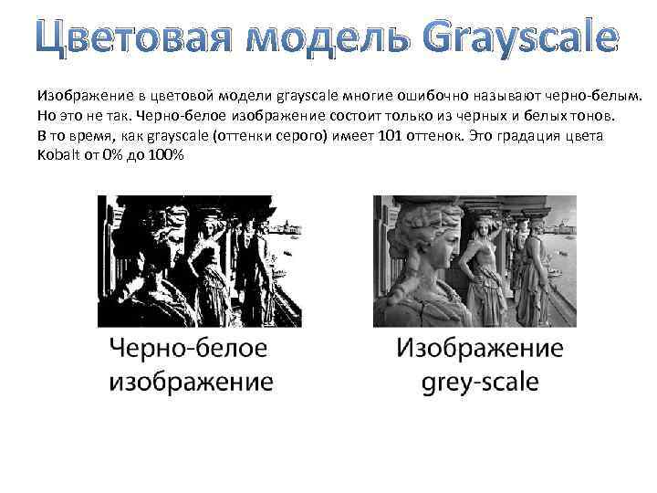 Цветовая модель Grayscale Изображение в цветовой модели grayscale многие ошибочно называют черно-белым. Но это