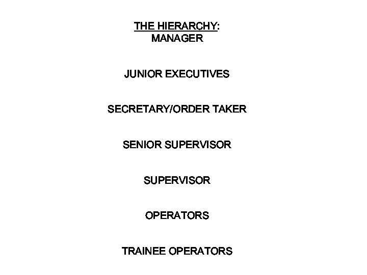 THE HIERARCHY: MANAGER JUNIOR EXECUTIVES SECRETARY/ORDER TAKER SENIOR SUPERVISOR OPERATORS TRAINEE OPERATORS 