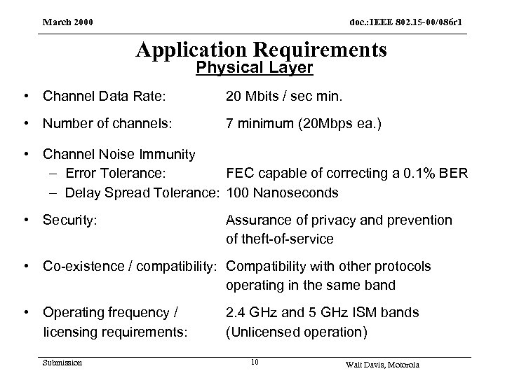 March 2000 doc. : IEEE 802. 15 -00/086 r 1 Application Requirements Physical Layer