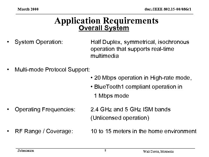 March 2000 doc. : IEEE 802. 15 -00/086 r 1 Application Requirements Overall System