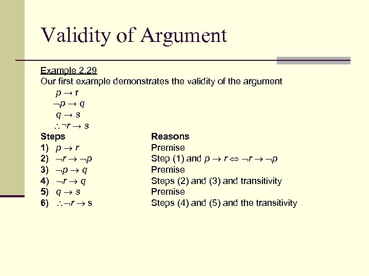 Validity of Argument Example 2. 29 Our first example demonstrates the validity of the