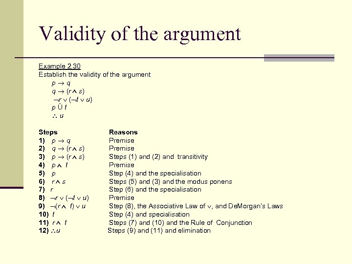 Validity of the argument Example 2. 30 Establish the validity of the argument p