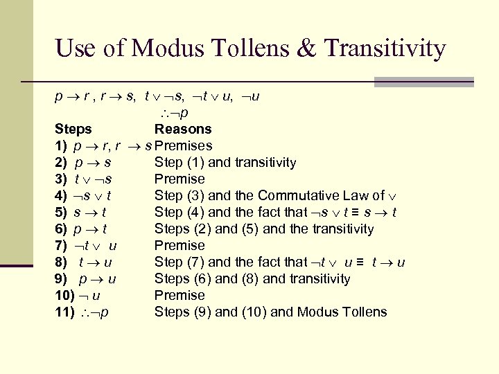 Use of Modus Tollens & Transitivity p r , r s, t s, t