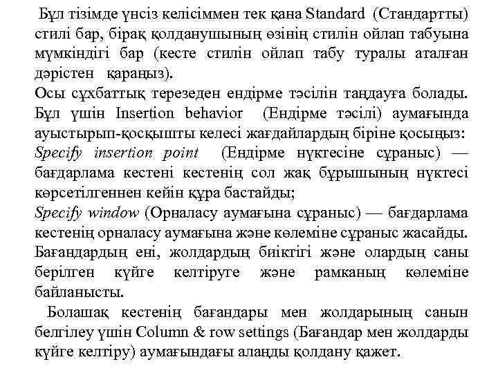 Бұл тізімде үнсіз келісіммен тек қана Standard (Стандартты) стилі бар, бірақ қолданушының өзінің стилін