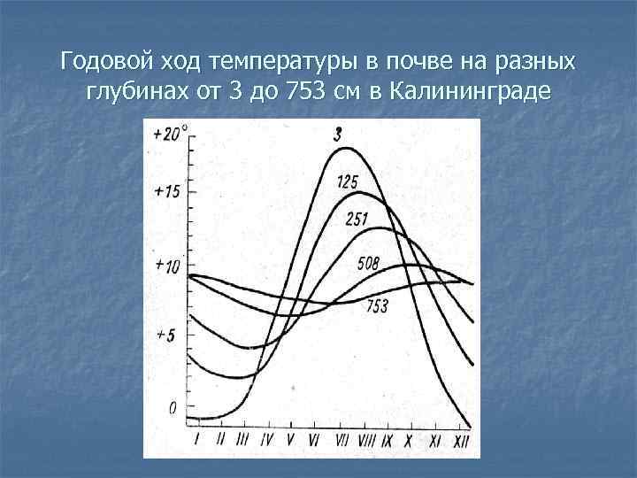 Годовой ход температуры в почве на разных глубинах от 3 до 753 см в