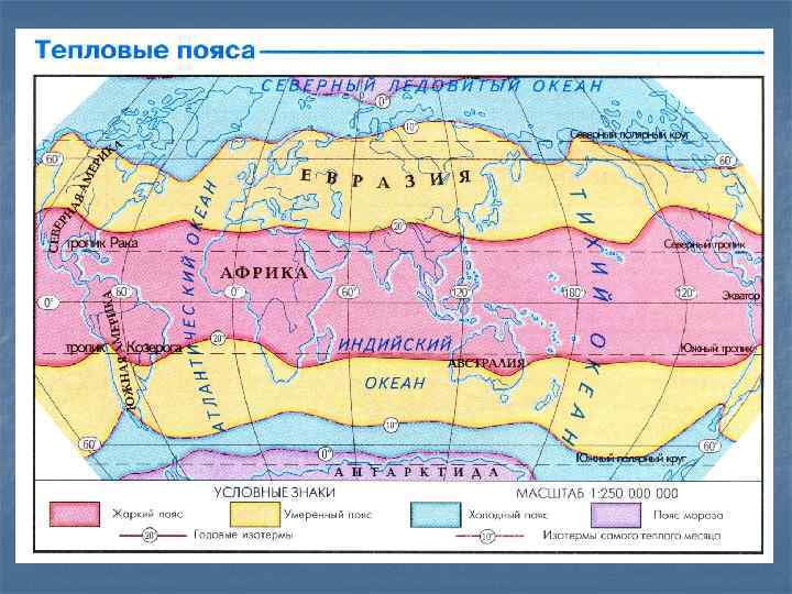 По карте тепловых поясов на рисунке 29 определите как проходит среднегодовая изотерма 20 градусов по